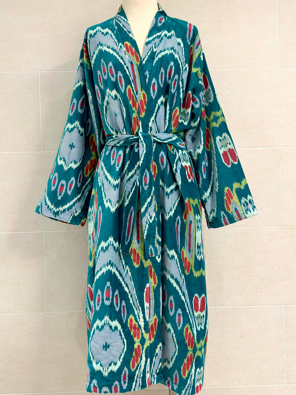 TURQUOISE IKAT LONG VELVET ROBE