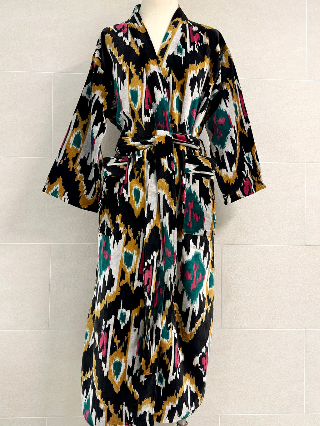 BLACK IKAT LONG VELVET ROBE