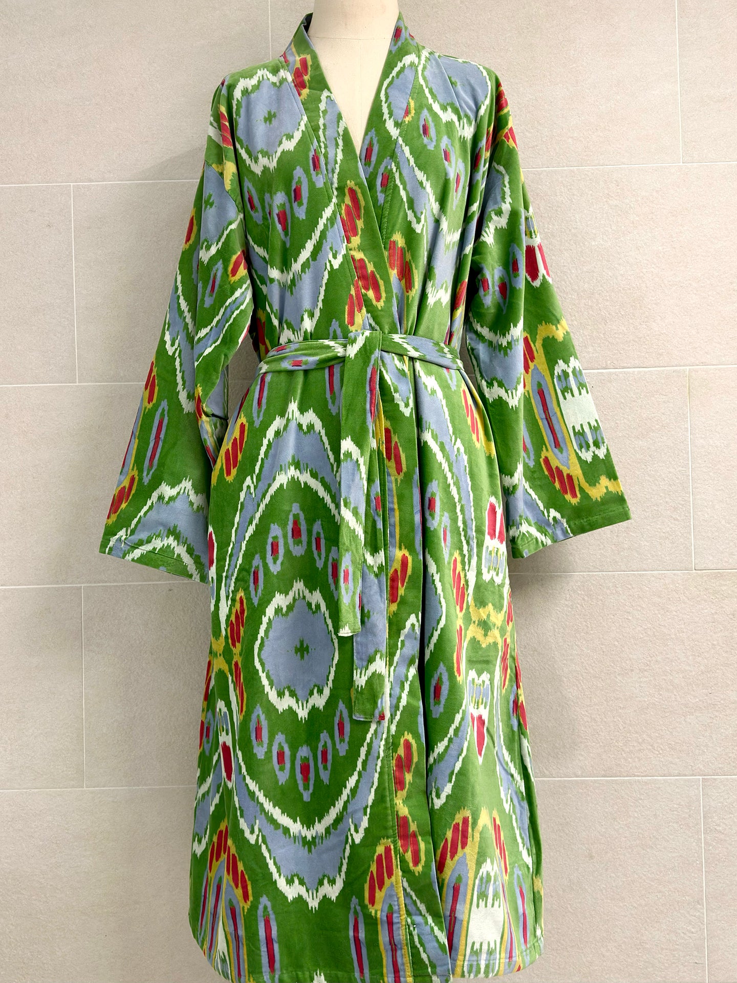 LIGHT GREEN IKAT LONG VELVET ROBE