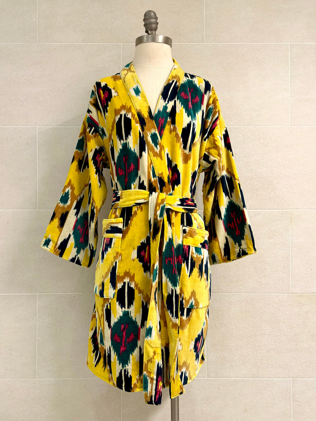 YELLOW IKAT MID LENGTH VELVET ROBE