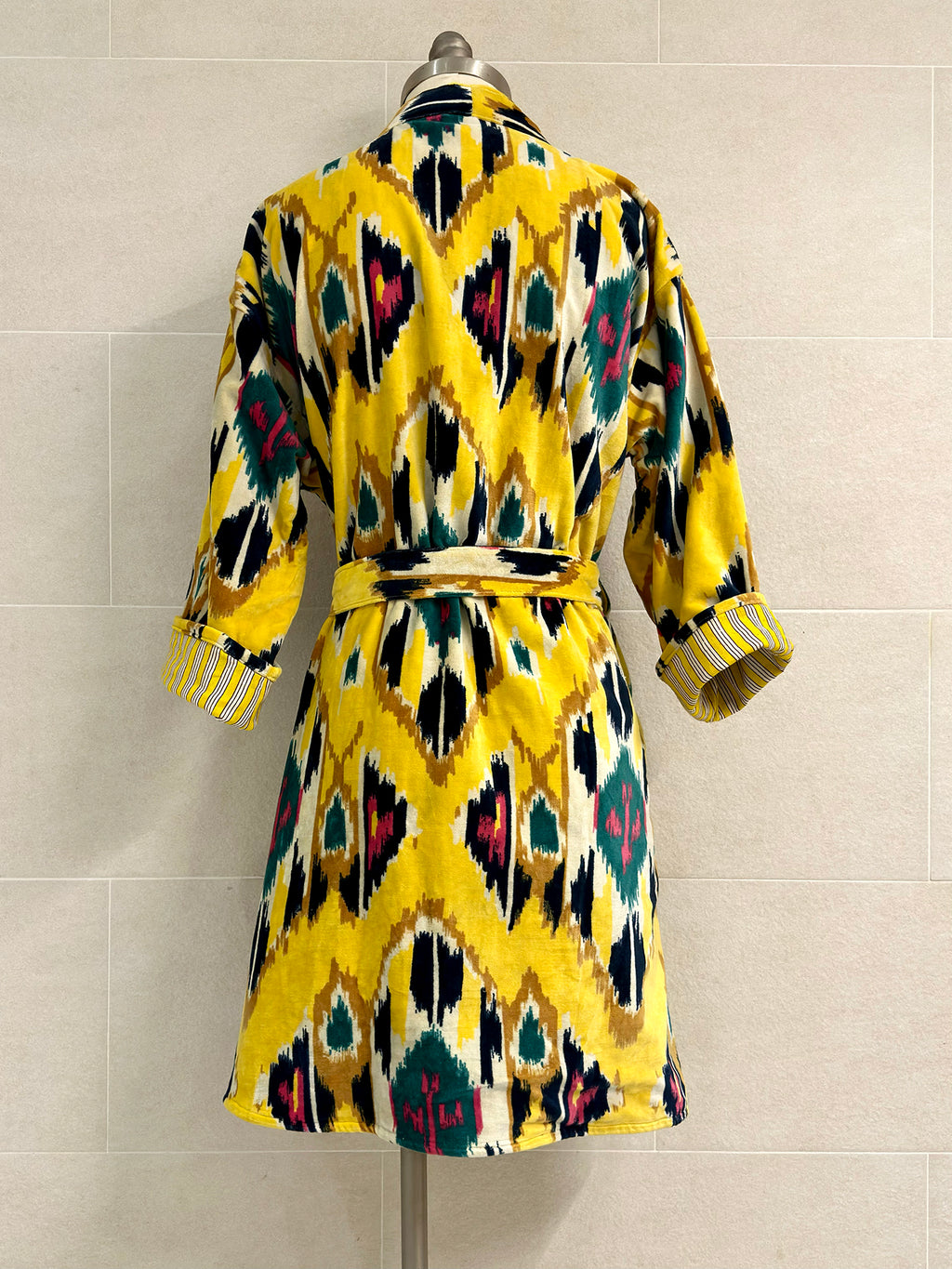 YELLOW IKAT MID LENGTH VELVET ROBE