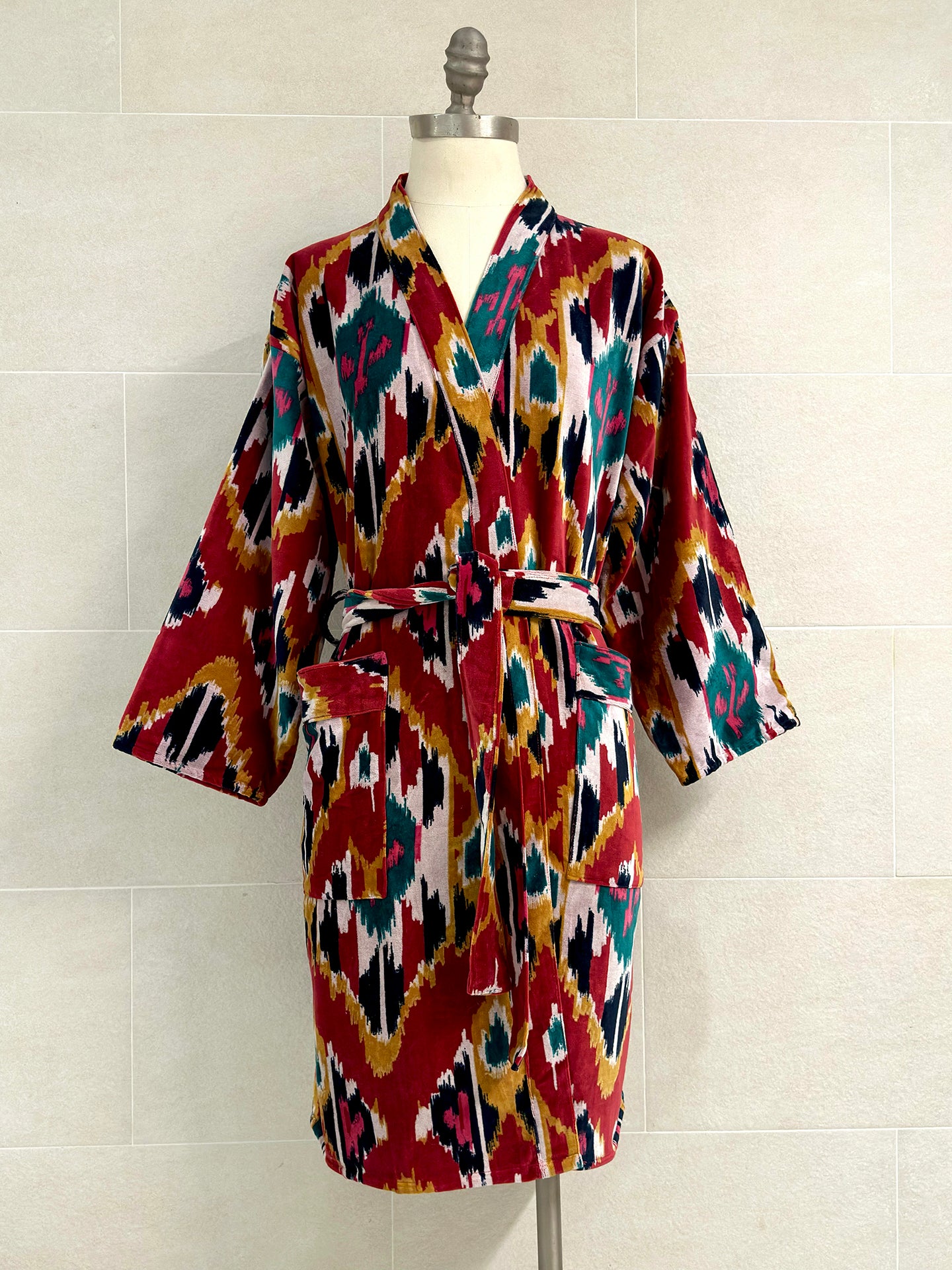 RED IKAT MID LENGTH VELVET ROBE