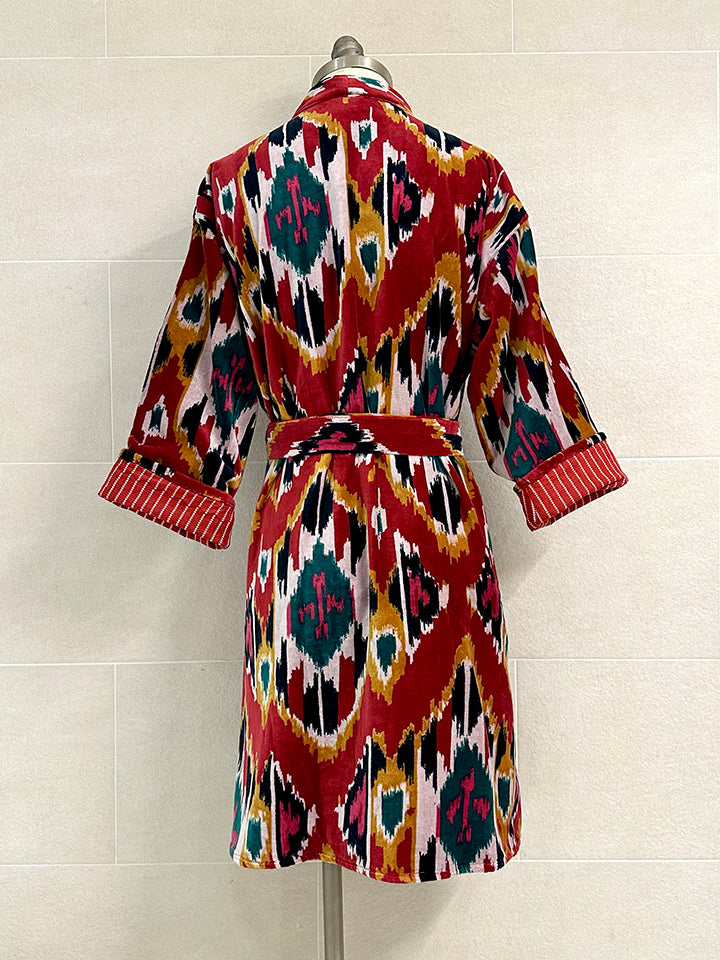 RED IKAT MID LENGTH VELVET ROBE