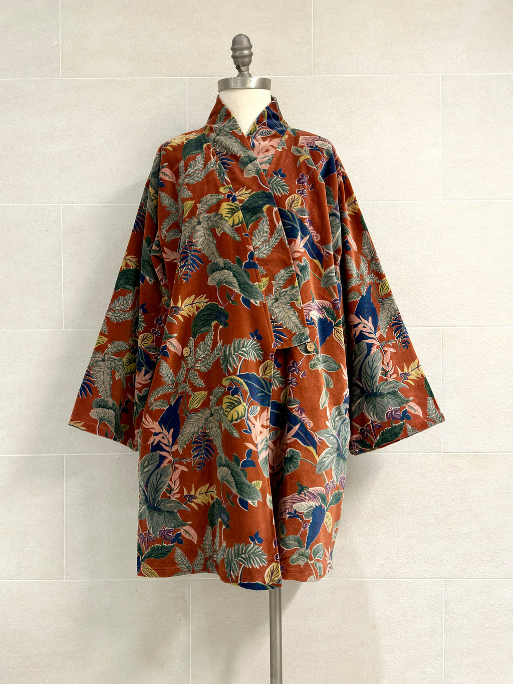 BURNT ORANGE FLORAL MID LENGTH VELVET ROBE