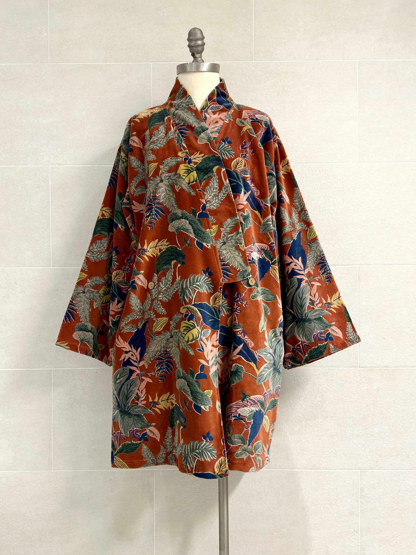 BURNT ORANGE FLORAL MID LENGTH VELVET ROBE