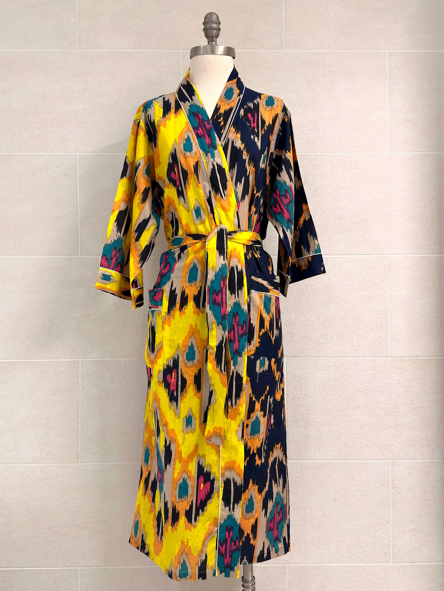 YELLOW NAVY IKAT COMBO COTTON ROBE