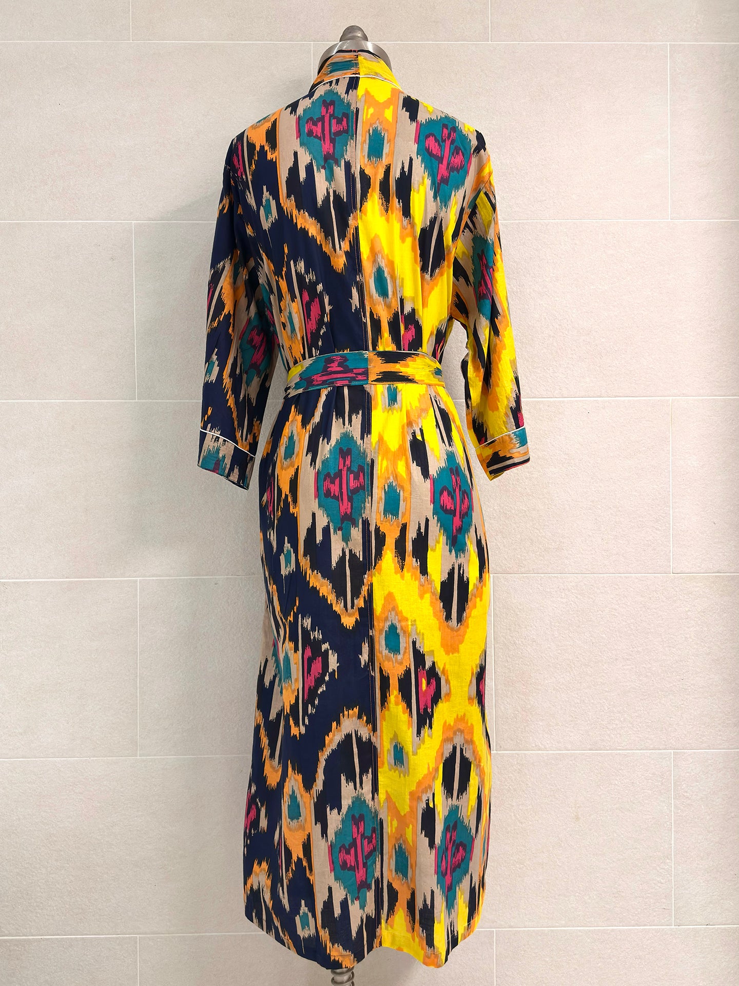 YELLOW NAVY IKAT COMBO COTTON ROBE